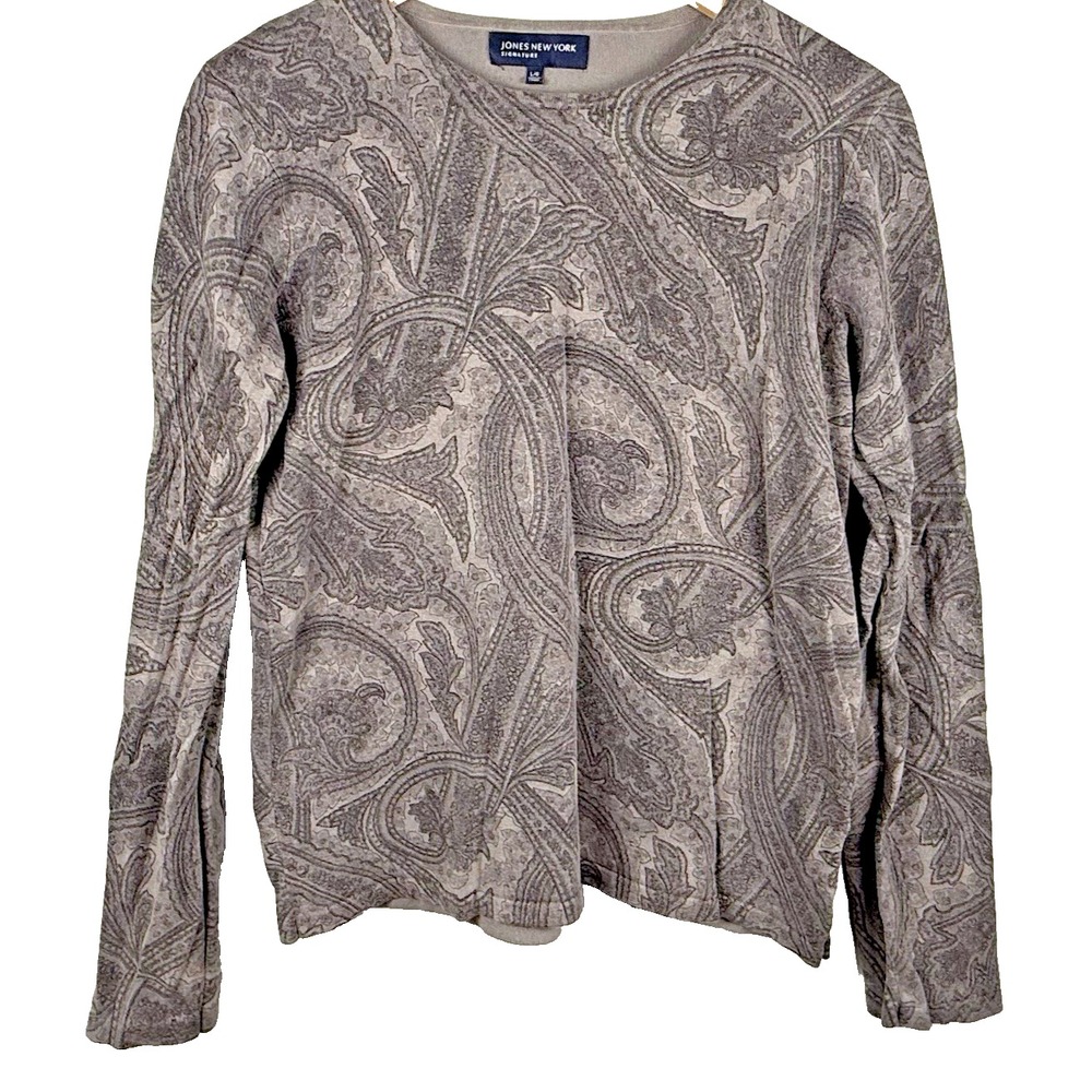 Jones New York Blouse Top Womens Large Black Gray Paisley Silk Blend Peasant